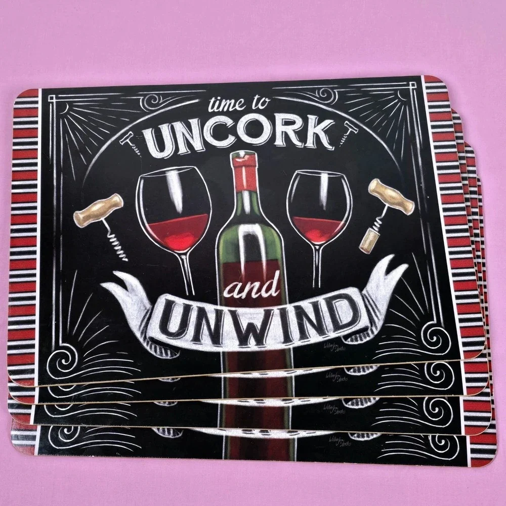 Wellington Studio Wine Placemats Set of 4 Cork Back Uncork and Unwind Chalkboard